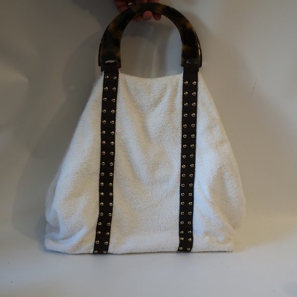 Womens Shay Todd White Brown Gold Studded Terry Cloth Tote Shoulder Handbag * - Picture 7 of 12